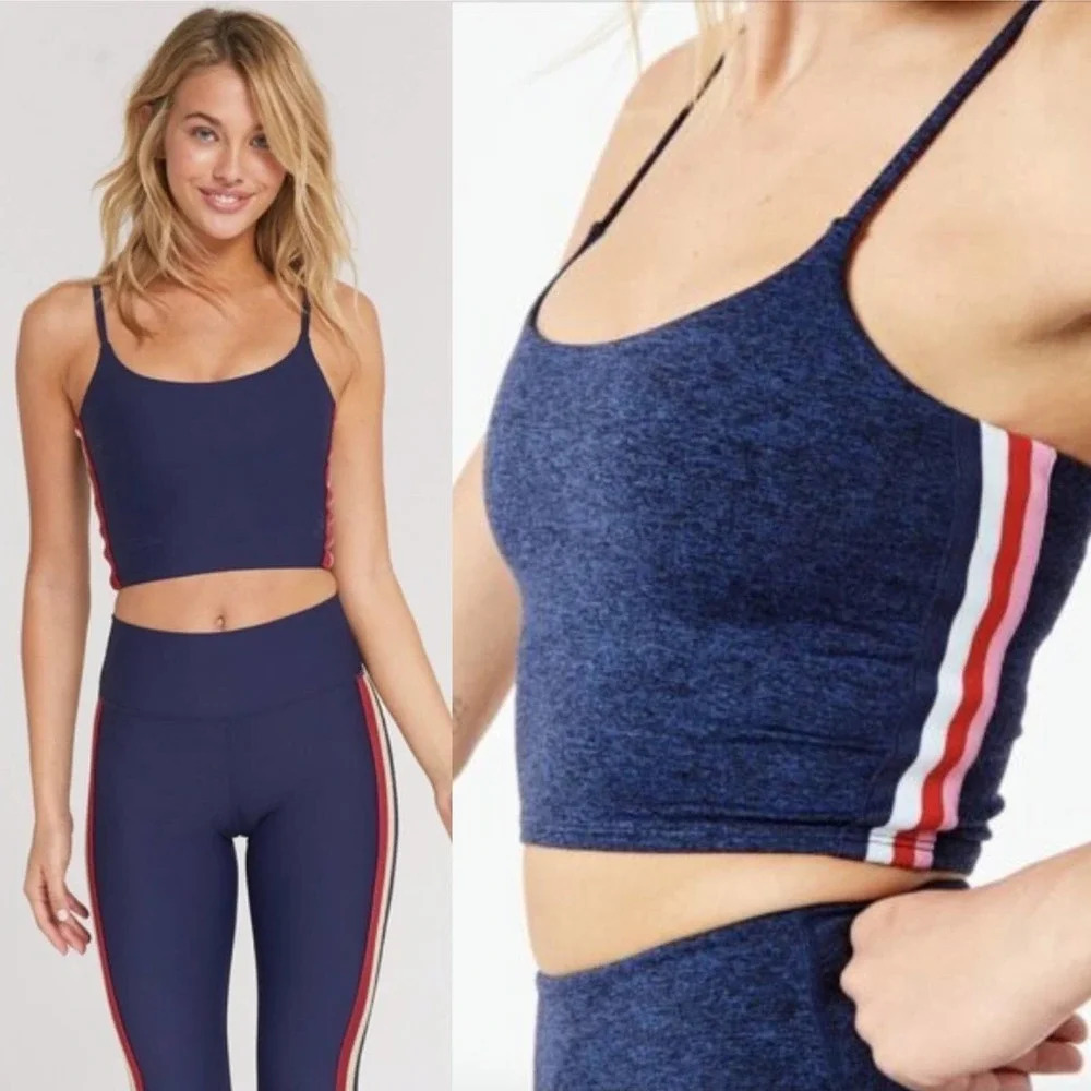 Spiritual Gangster Practice Cami Navy Blue Side Stripe Crop Top Size Small